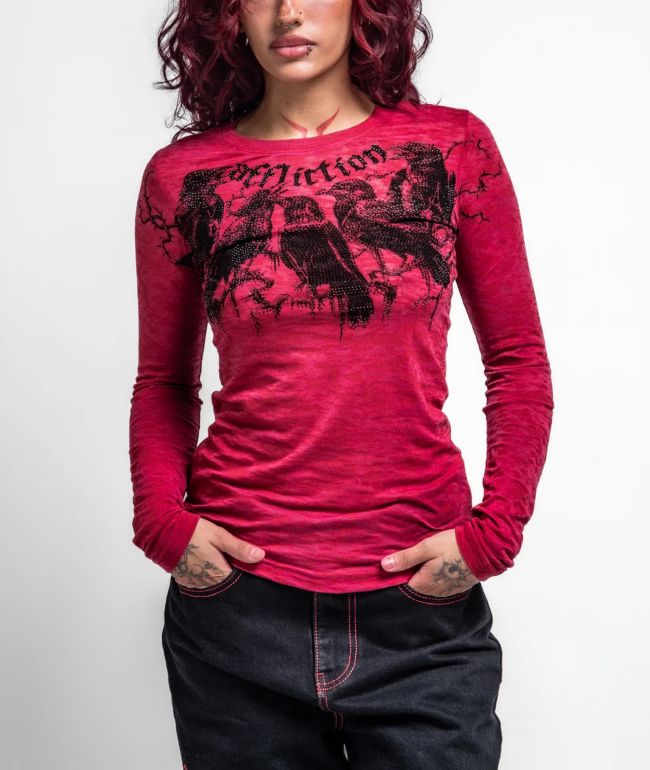 Affliction Crows Cherry Red Burnout Long Sleeve T-Shirt - Affliction
