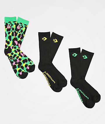 Converse Palm Leopard Acid Green & Black 3 Pack Crew Socks