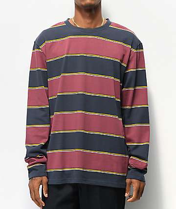 Empyre Primo Navy & Maroon Striped Knit Long Sleeve T-Shirt