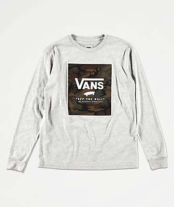 Vans Boys Print Box Heather Grey & Camo Long Sleeve T-Shirt