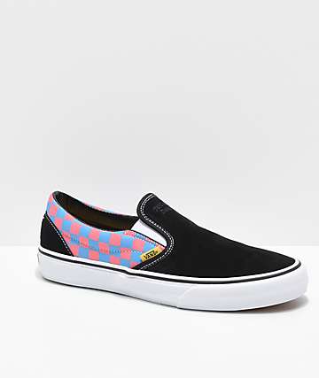 Vans x T&C Surf Designs Slip-On Black, Pink & Blue Checkerboard Skate Shoes