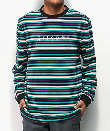 Welcome Surf Stripe Teal, Black & White Long Sleeve T-Shirt