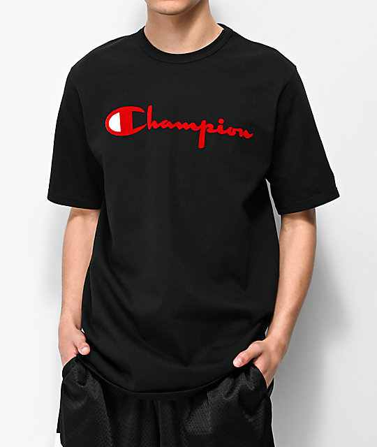 black & red champion shirt