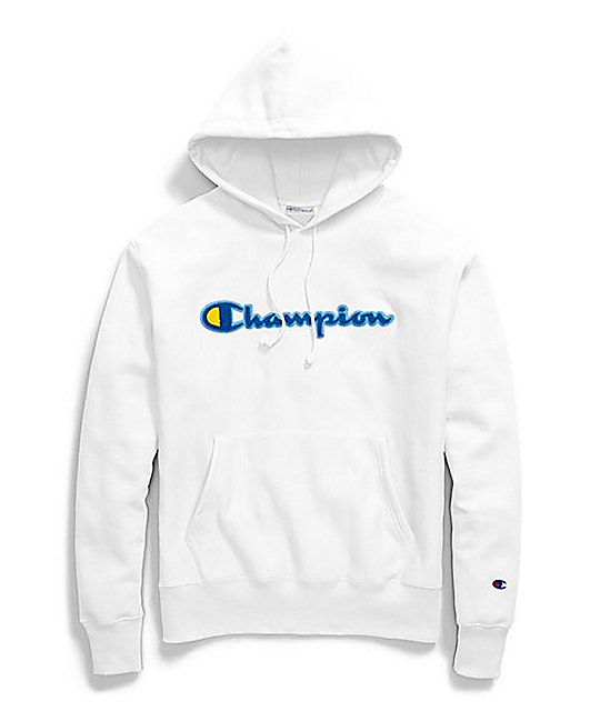 white champion hoodie with blue logo