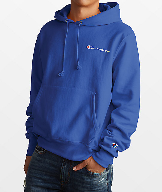 Small Script Embroidered Blue Hoodie 