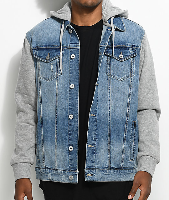 jean jacket with grey hood